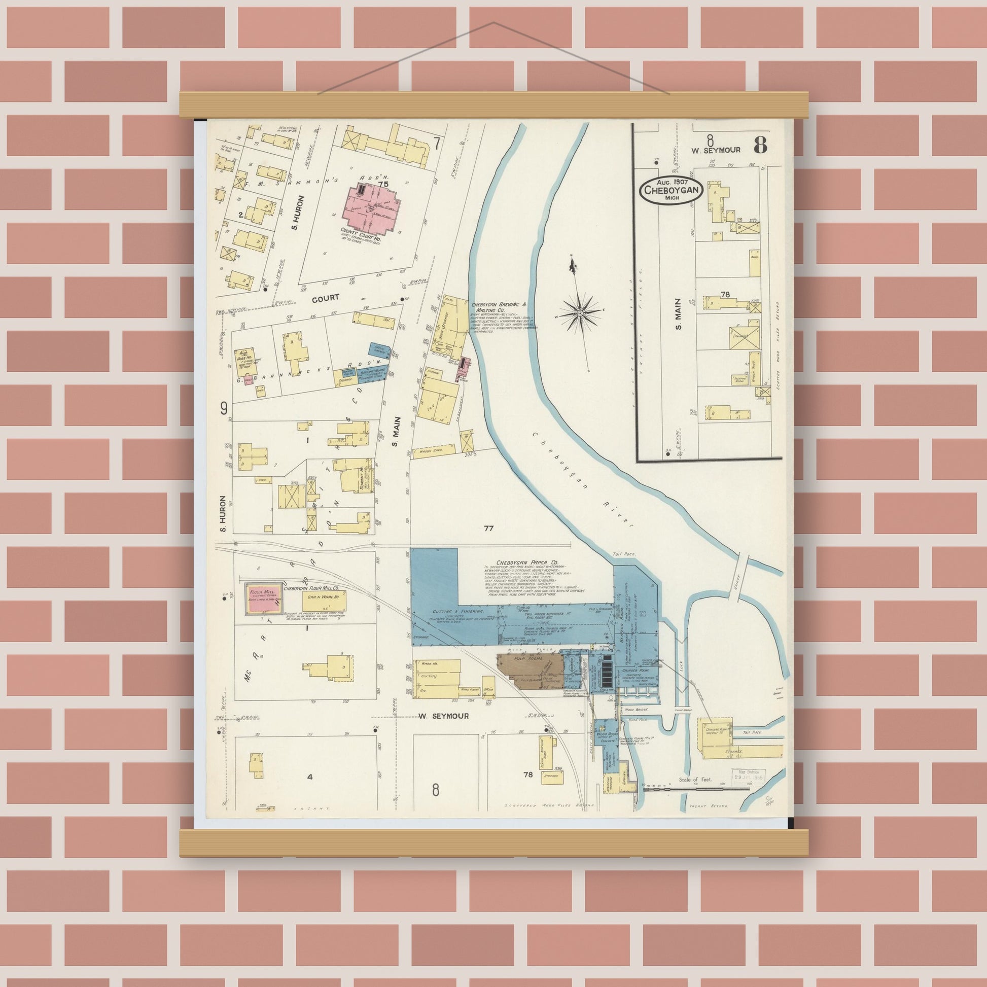 Old map wall art mockup — magnetic wood frame on brick wall — Sanborn Fire Insurance Map from Cheboygan, Cheboygan County, Michigan (1907), Sheet #0008