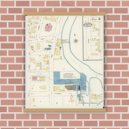 Old map wall art mockup — magnetic wood frame on brick wall — Sanborn Fire Insurance Map from Cheboygan, Cheboygan County, Michigan (1907), Sheet #0008
