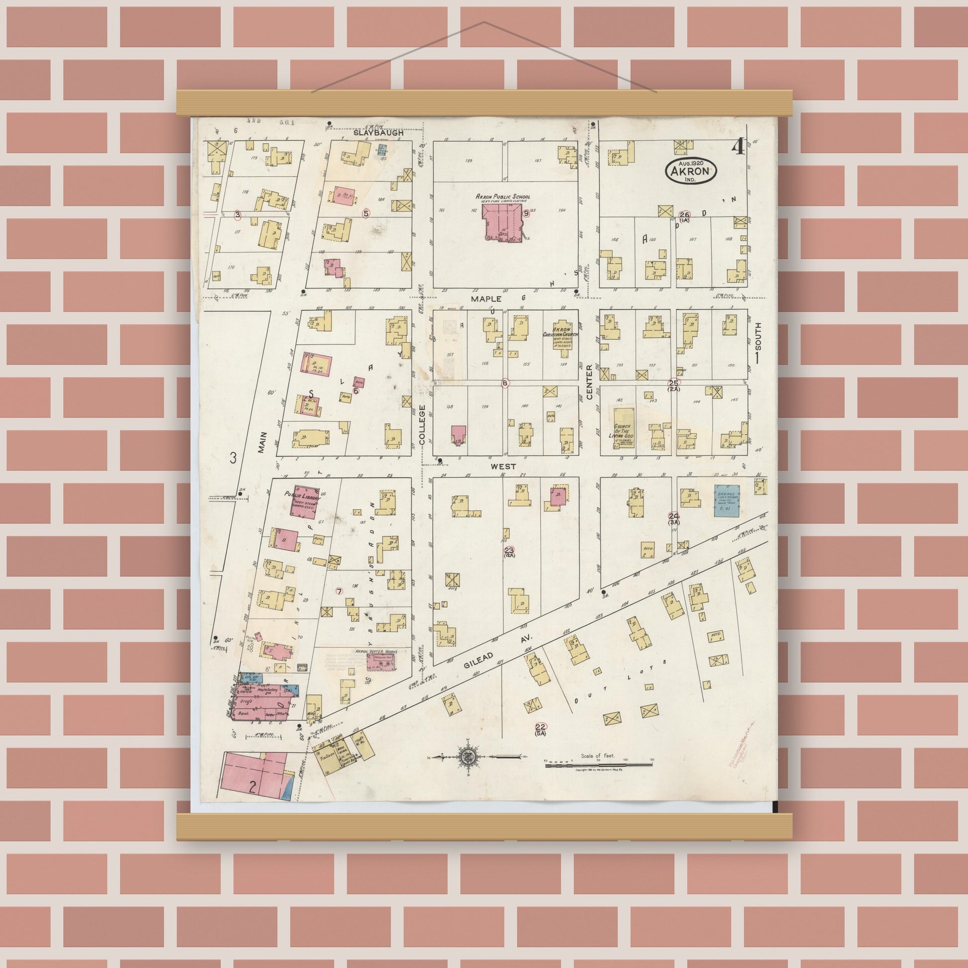 Old map wall art mockup — magnetic wood frame on brick wall — Sanborn Fire Insurance Map from Akron, Fulton County, Indiana (1932), Sheet #0004