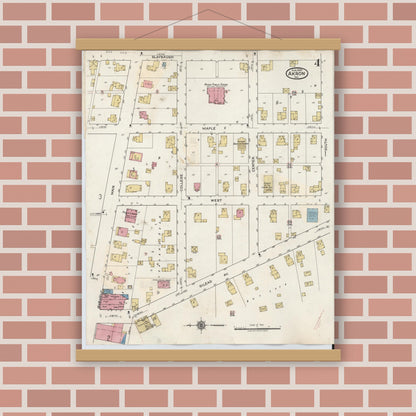 Old map wall art mockup — magnetic wood frame on brick wall — Sanborn Fire Insurance Map from Akron, Fulton County, Indiana (1932), Sheet #0004
