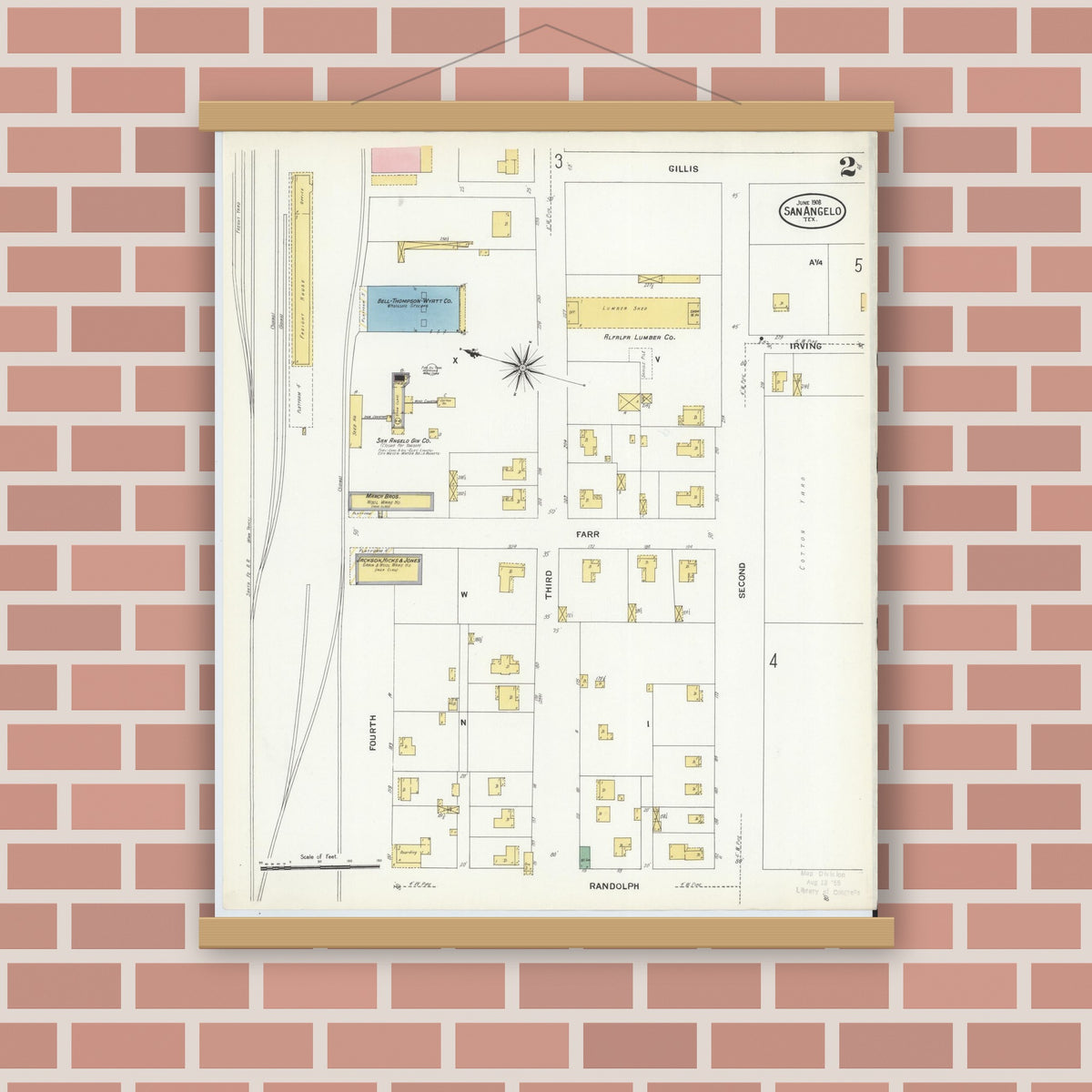 Old map wall art mockup — magnetic wood frame on brick wall — Sanborn Fire Insurance Map from San Angelo, Tom Green County, Texas (1908), Sheet #0002