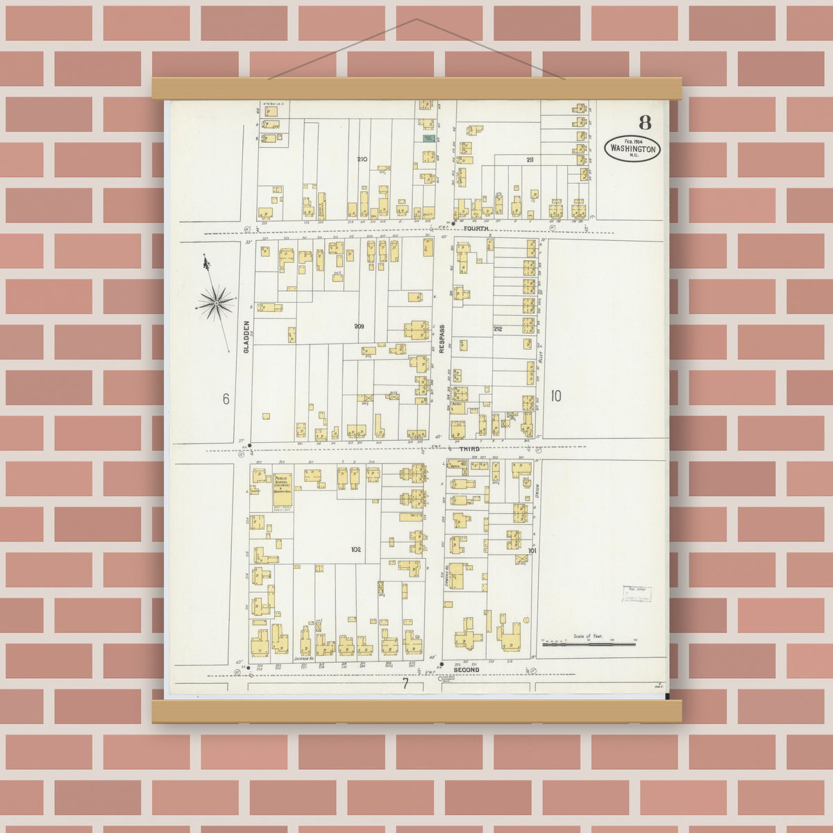 Old map wall art mockup — magnetic wood frame on brick wall — Sanborn Fire Insurance Map from Washington, Beaufort County, North Carolina (1904), Sheet #0008