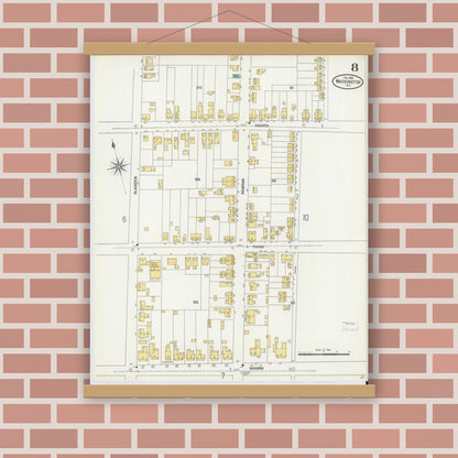 Old map wall art mockup — magnetic wood frame on brick wall — Sanborn Fire Insurance Map from Washington, Beaufort County, North Carolina (1904), Sheet #0008