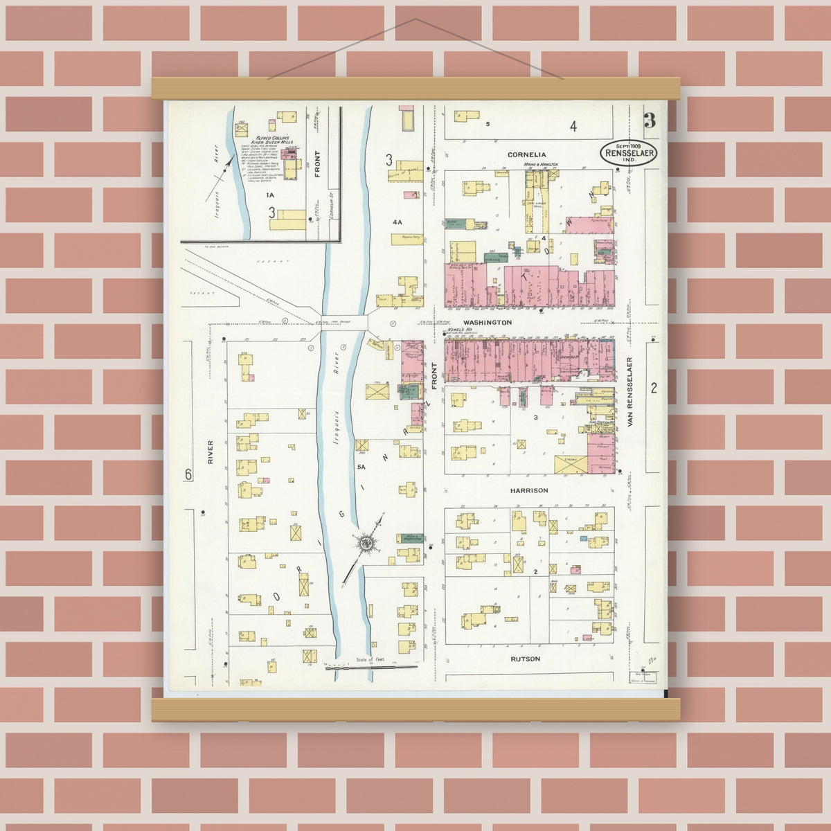 Old map wall art mockup — magnetic wood frame on brick wall — Sanborn Fire Insurance Map from Rensselaer, Jasper County, Indiana (1909), Sheet #0003