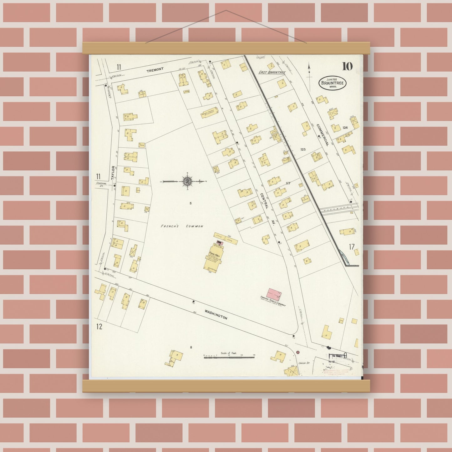 Old map wall art mockup — magnetic wood frame on brick wall — Sanborn Fire Insurance Map from Braintree, Norfolk County, Massachusetts (1911), Sheet #0010