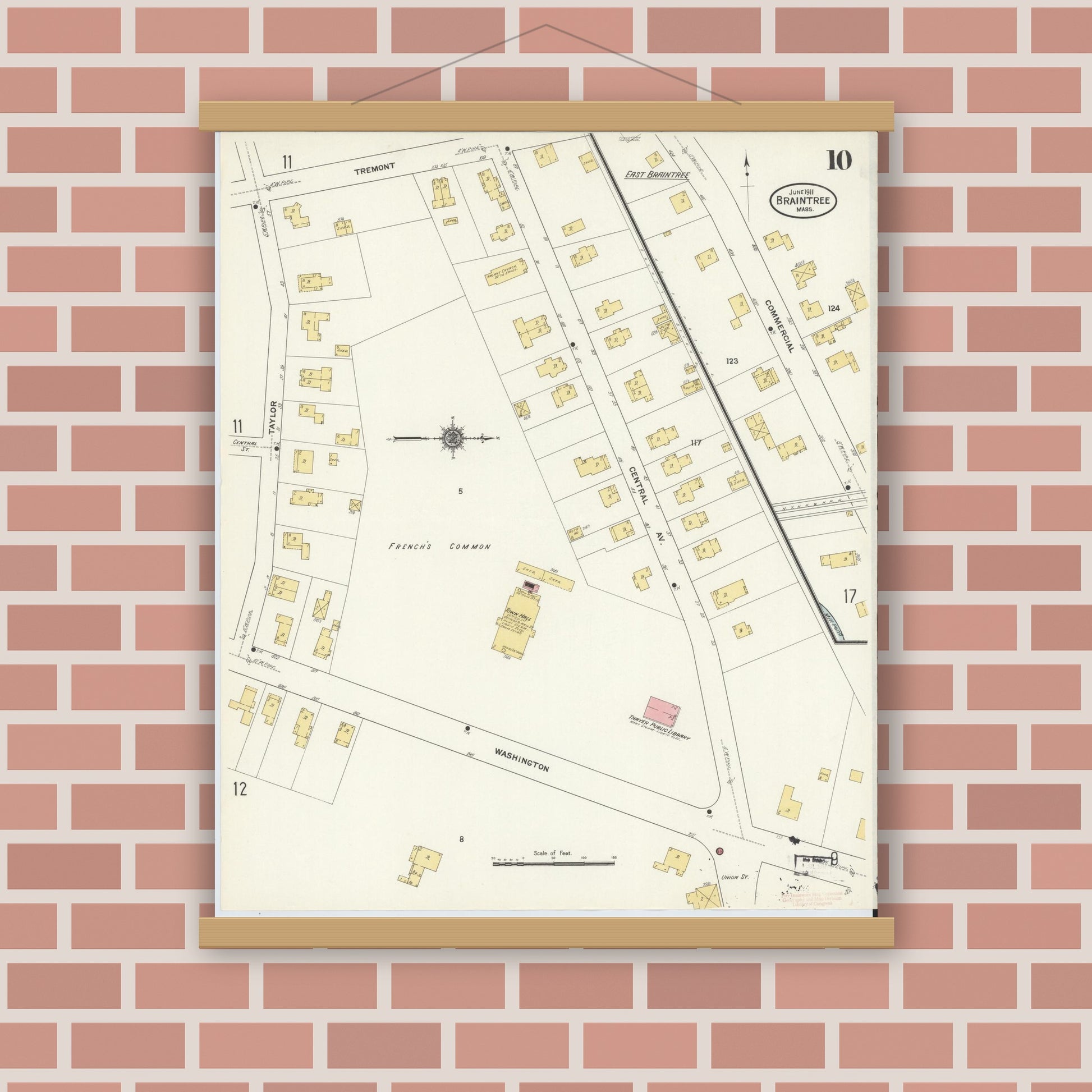 Old map wall art mockup — magnetic wood frame on brick wall — Sanborn Fire Insurance Map from Braintree, Norfolk County, Massachusetts (1911), Sheet #0010