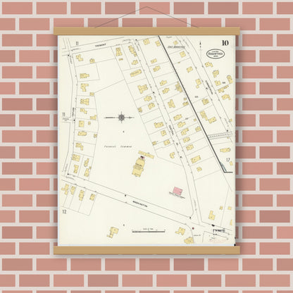 Old map wall art mockup — magnetic wood frame on brick wall — Sanborn Fire Insurance Map from Braintree, Norfolk County, Massachusetts (1911), Sheet #0010