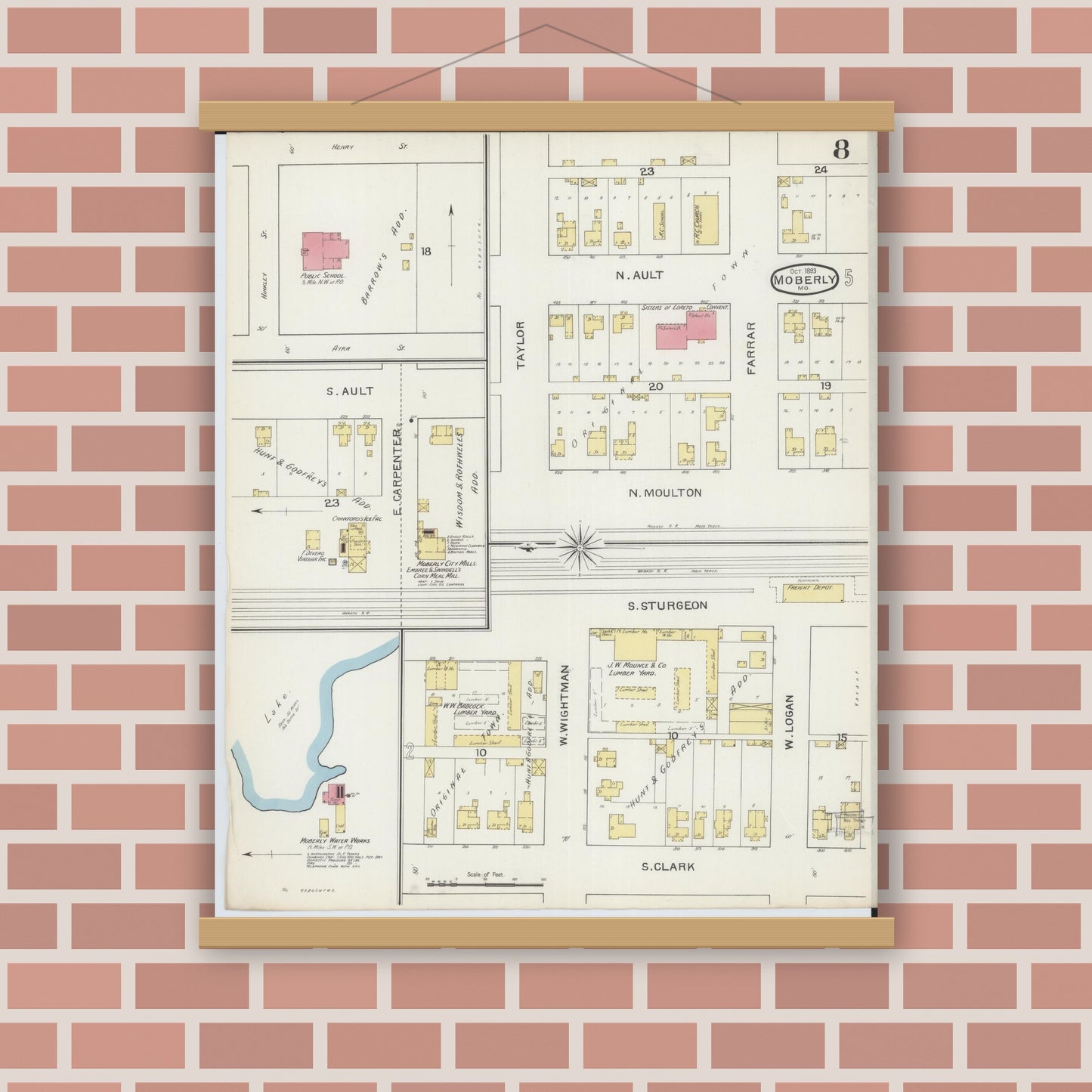 Old map wall art mockup — magnetic wood frame on brick wall — Sanborn Fire Insurance Map from Moberly, Randolph County, Missouri (1893), Sheet #0008