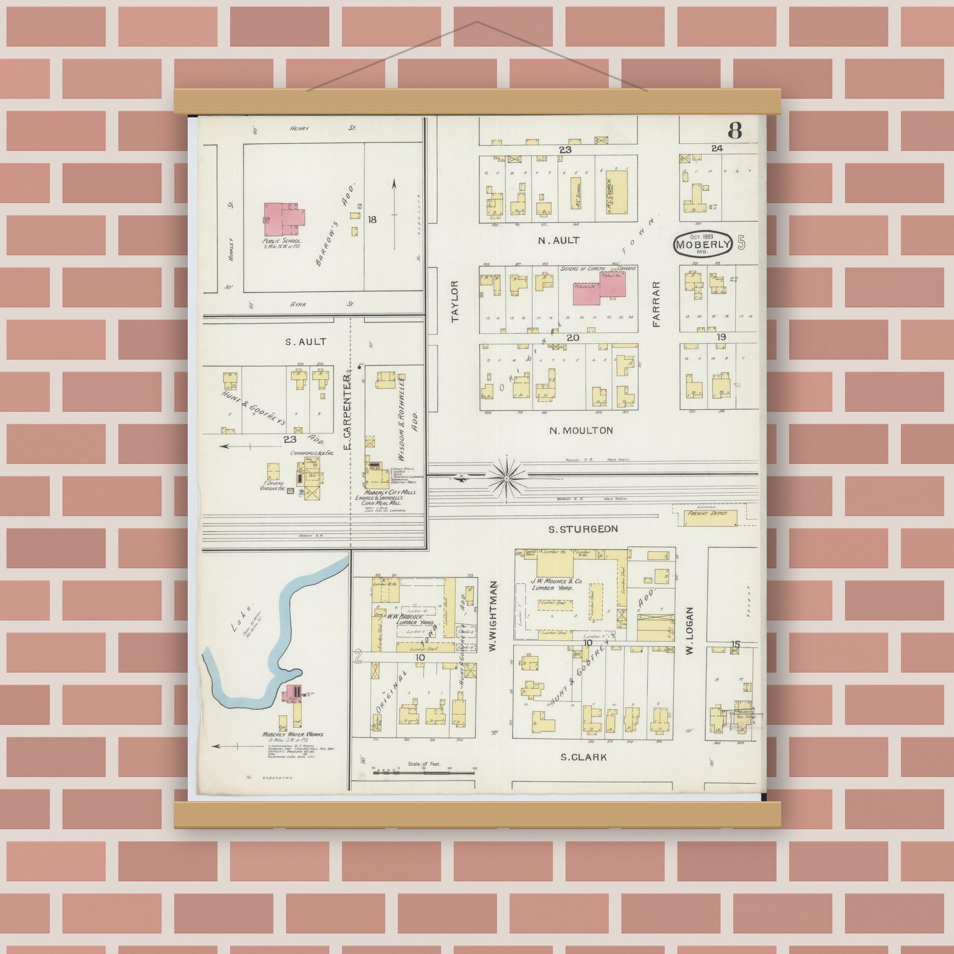 Old map wall art mockup — magnetic wood frame on brick wall — Sanborn Fire Insurance Map from Moberly, Randolph County, Missouri (1893), Sheet #0008