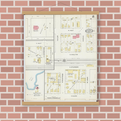 Old map wall art mockup — magnetic wood frame on brick wall — Sanborn Fire Insurance Map from Moberly, Randolph County, Missouri (1893), Sheet #0008