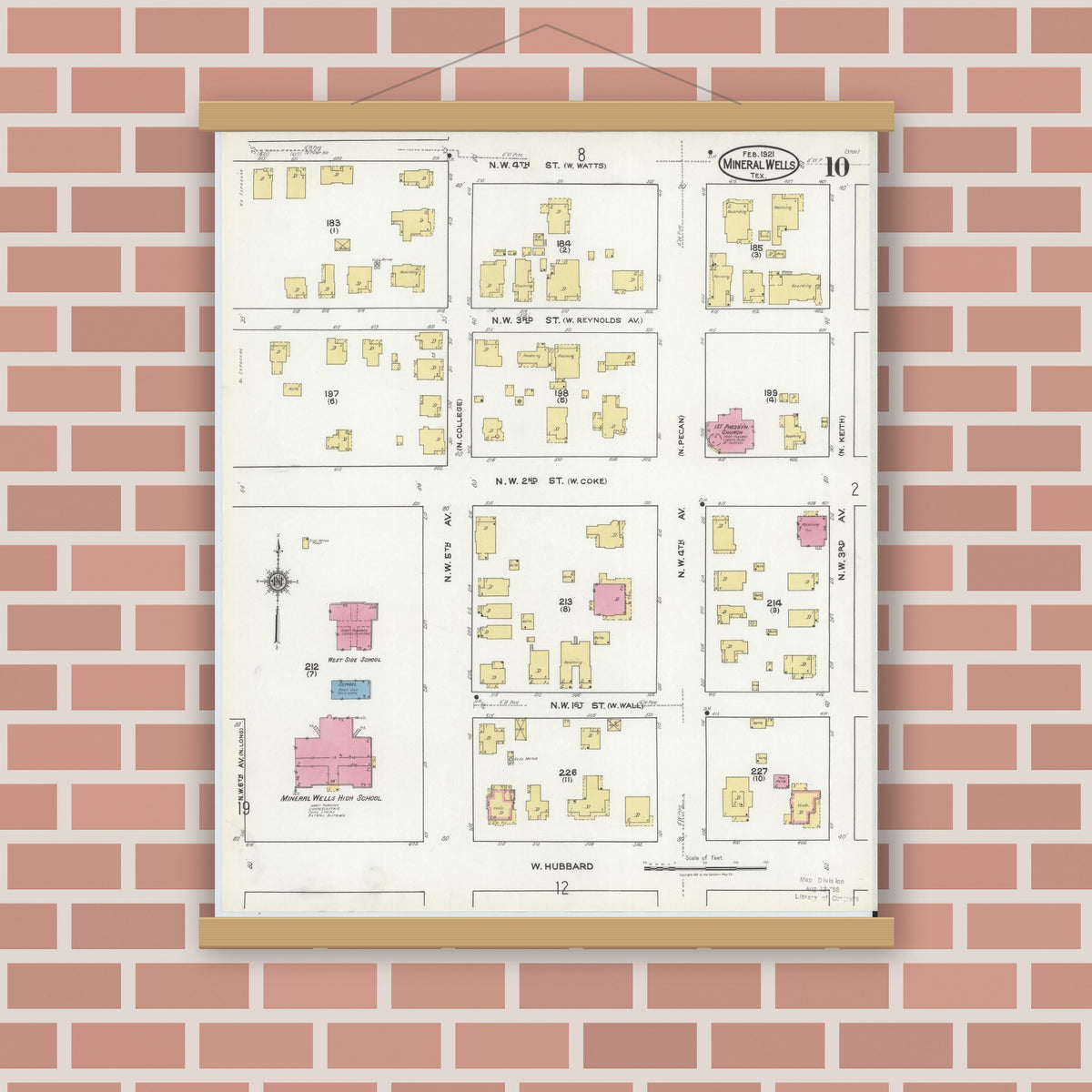 Old map wall art mockup — magnetic wood frame on brick wall — Sanborn Fire Insurance Map from Mineral Wells, Palo Pinto County, Texas (1921), Sheet #0010