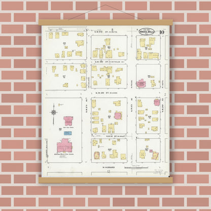 Old map wall art mockup — magnetic wood frame on brick wall — Sanborn Fire Insurance Map from Mineral Wells, Palo Pinto County, Texas (1921), Sheet #0010