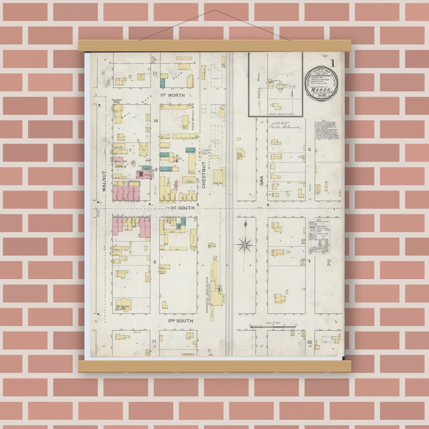 Old map wall art mockup — magnetic wood frame on brick wall — Sanborn Fire Insurance Map from Maroa, Macon County, Illinois (1893) - Complete Map Set