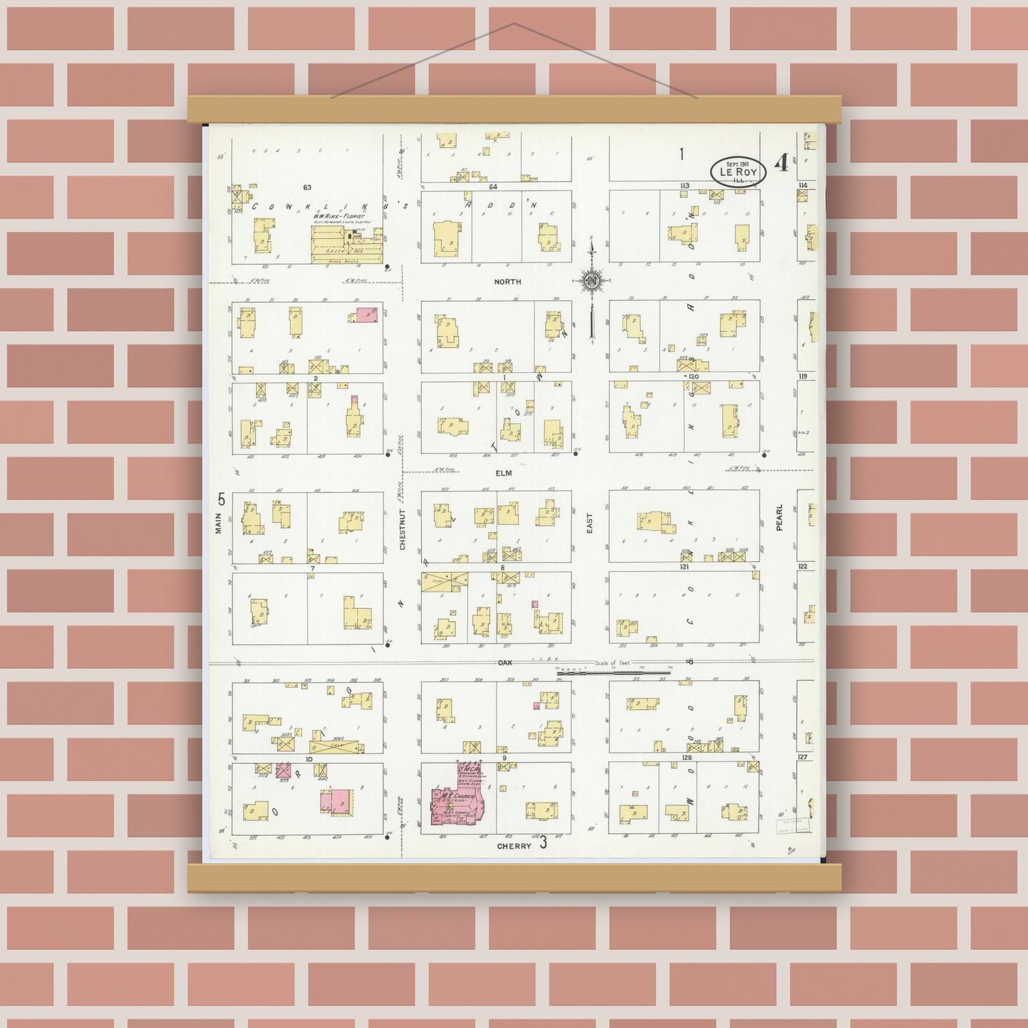Old map wall art mockup — magnetic wood frame on brick wall — Sanborn Fire Insurance Map from Leroy, McLean County, Illinois (1911), Sheet #0004