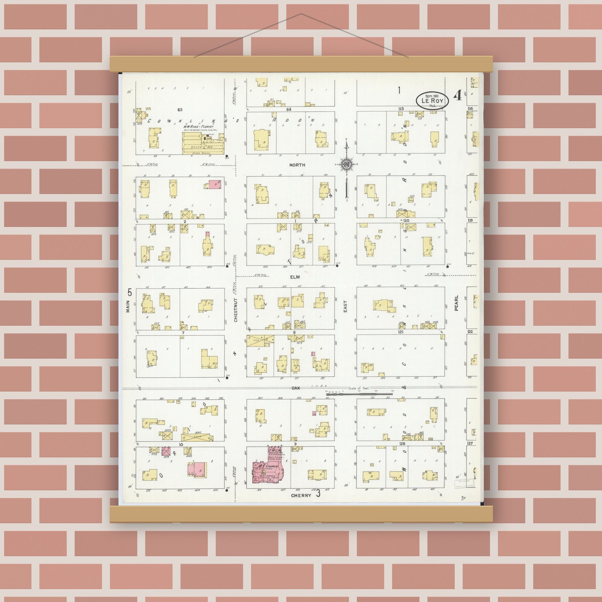 Old map wall art mockup — magnetic wood frame on brick wall — Sanborn Fire Insurance Map from Leroy, McLean County, Illinois (1911), Sheet #0004