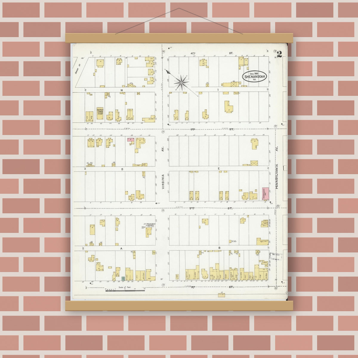 Old map wall art mockup — magnetic wood frame on brick wall — Sanborn Fire Insurance Map from Shenandoah, Page County, Virginia (1905), Sheet #0002