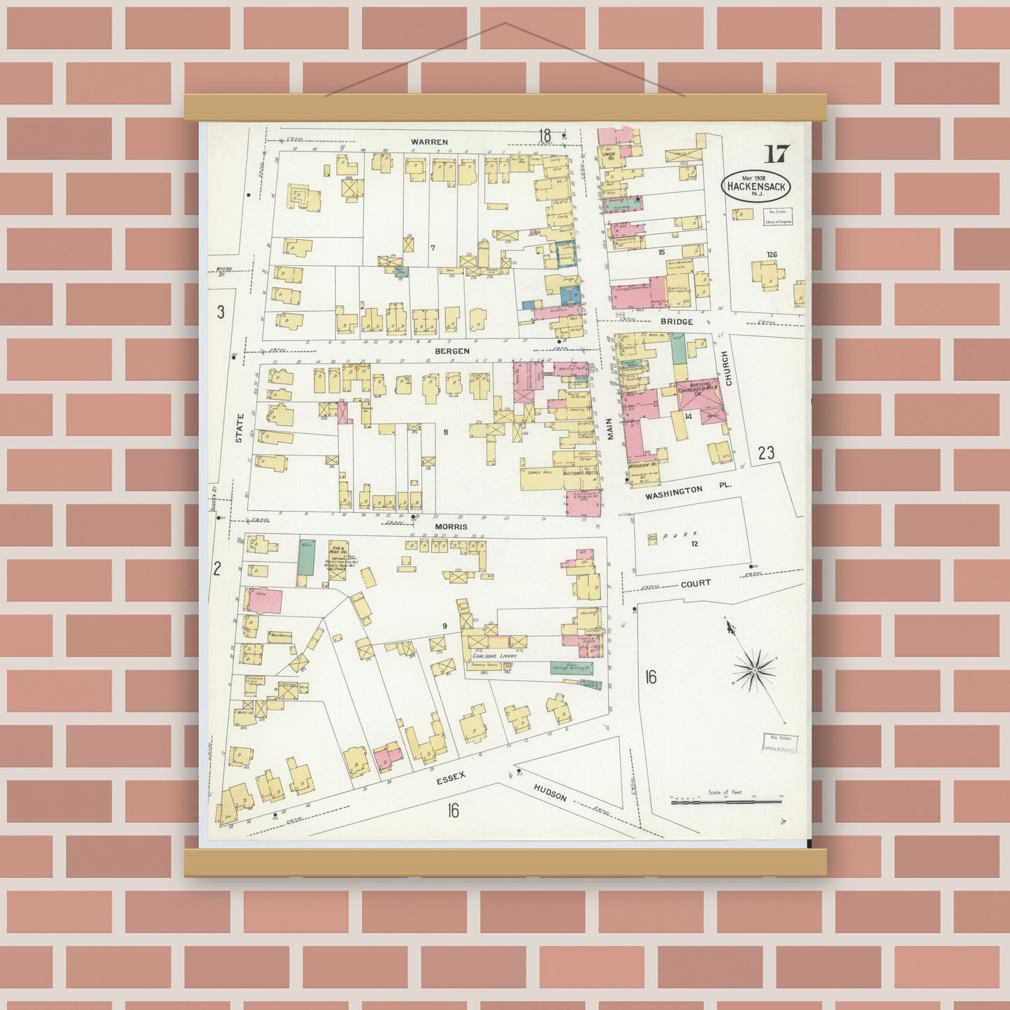 Old map wall art mockup — magnetic wood frame on brick wall — Sanborn Fire Insurance Map from Hackensack, Bergen County, New Jersey (1908), Sheet #0017