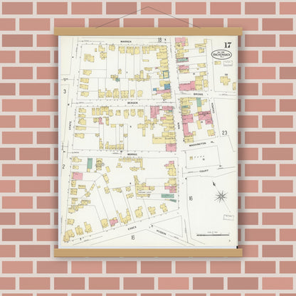 Old map wall art mockup — magnetic wood frame on brick wall — Sanborn Fire Insurance Map from Hackensack, Bergen County, New Jersey (1908), Sheet #0017