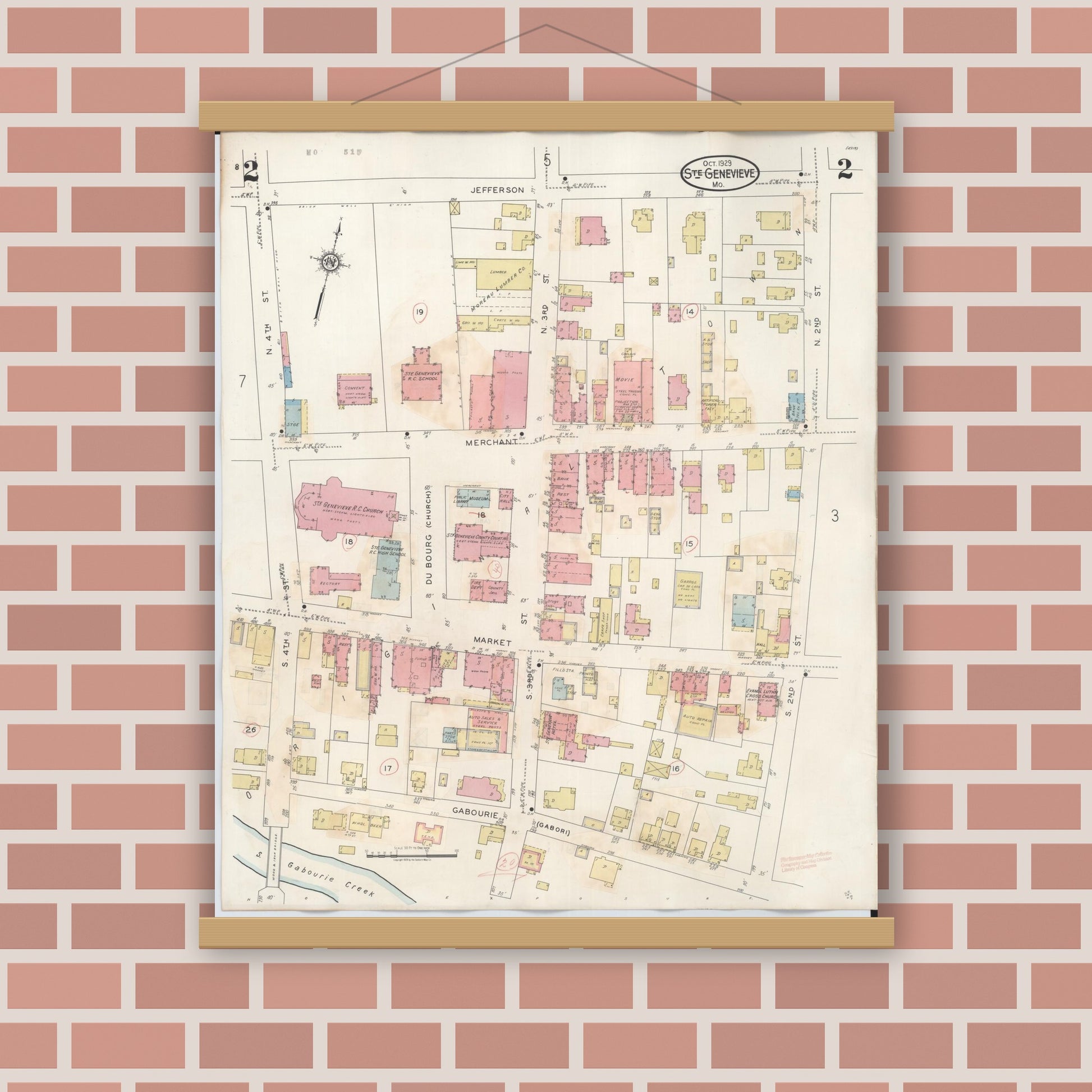 Old map wall art mockup — magnetic wood frame on brick wall — Sanborn Fire Insurance Map from Sainte Genevieve, Saint Genevieve County, Missouri (1945), Sheet #0002