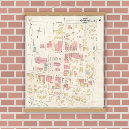 Old map wall art mockup — magnetic wood frame on brick wall — Sanborn Fire Insurance Map from Sainte Genevieve, Saint Genevieve County, Missouri (1945), Sheet #0002