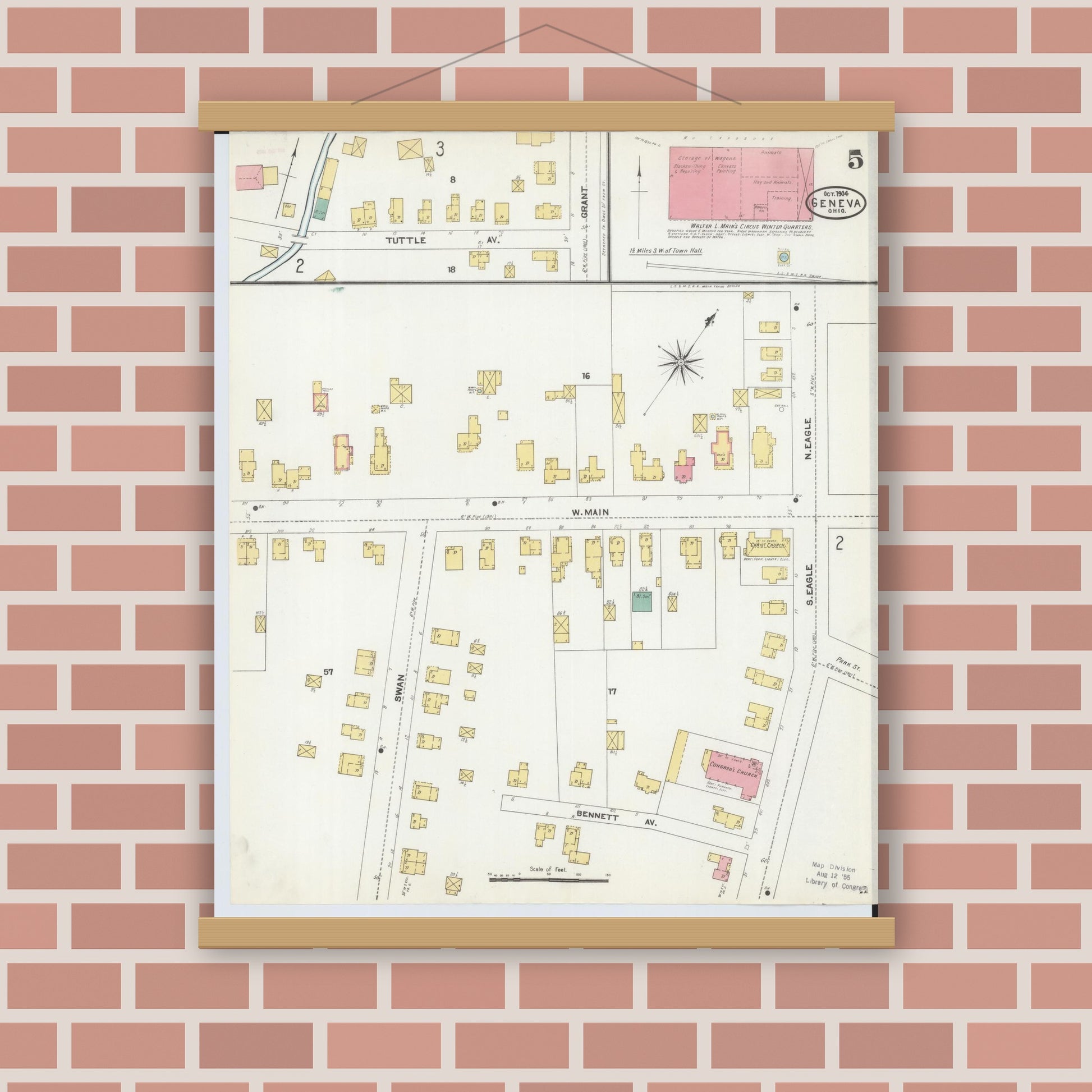 Old map wall art mockup — magnetic wood frame on brick wall — Sanborn Fire Insurance Map from Geneva, Ashtabula County, Ohio (1904), Sheet #0005