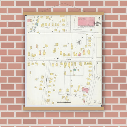 Old map wall art mockup — magnetic wood frame on brick wall — Sanborn Fire Insurance Map from Geneva, Ashtabula County, Ohio (1904), Sheet #0005