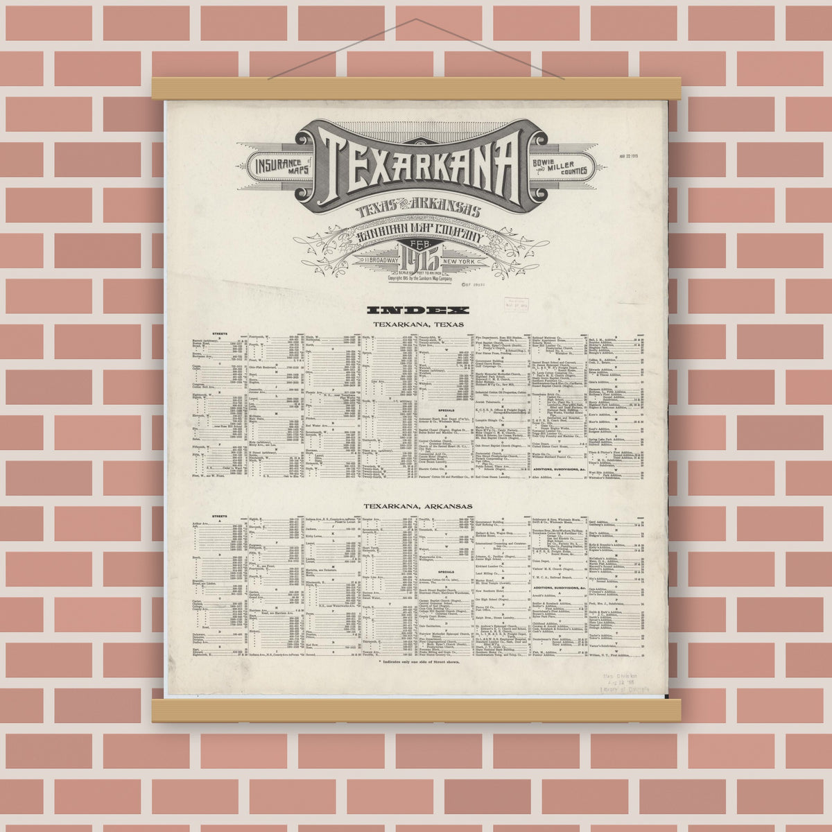 Old map wall art mockup — magnetic wood frame on brick wall — Sanborn Fire Insurance Map from Texarkana, Bowie County, Texas (1915), Sheet #0001