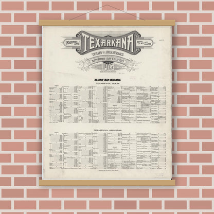 Old map wall art mockup — magnetic wood frame on brick wall — Sanborn Fire Insurance Map from Texarkana, Bowie County, Texas (1915), Sheet #0001