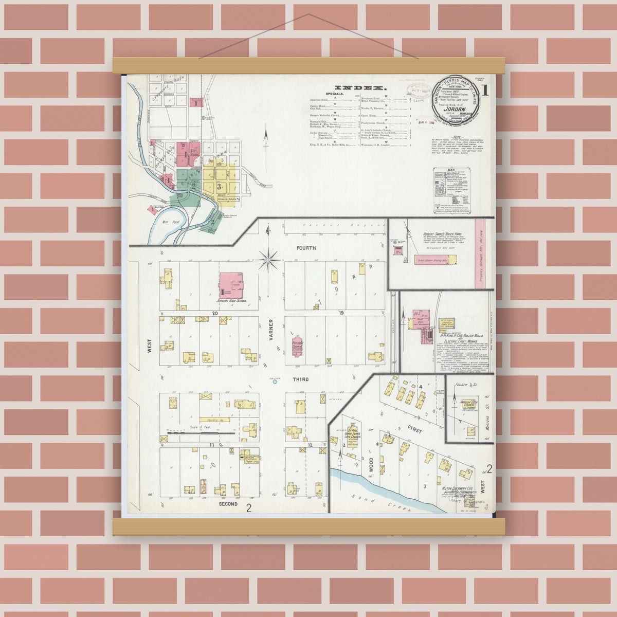 Old map wall art mockup — magnetic wood frame on brick wall — Sanborn Fire Insurance Map from Jordan, Scott County, Minnesota (1899), Sheet #0001