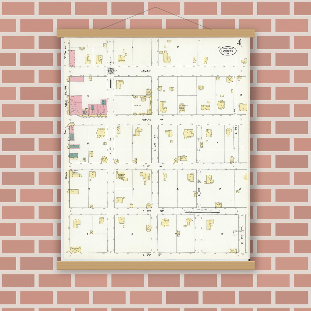 Old map wall art mockup — magnetic wood frame on brick wall — Sanborn Fire Insurance Map from Cooper, Delta County, Texas (1909), Sheet #0004