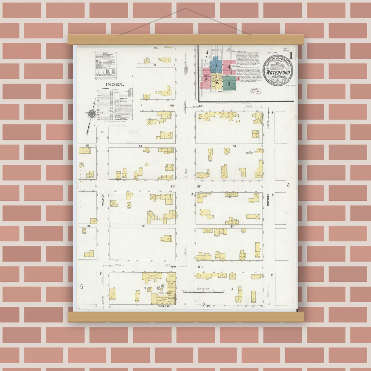 Old map wall art mockup — magnetic wood frame on brick wall — Sanborn Fire Insurance Map from Waterford, Erie County, Pennsylvania (1911) - Complete Map Set