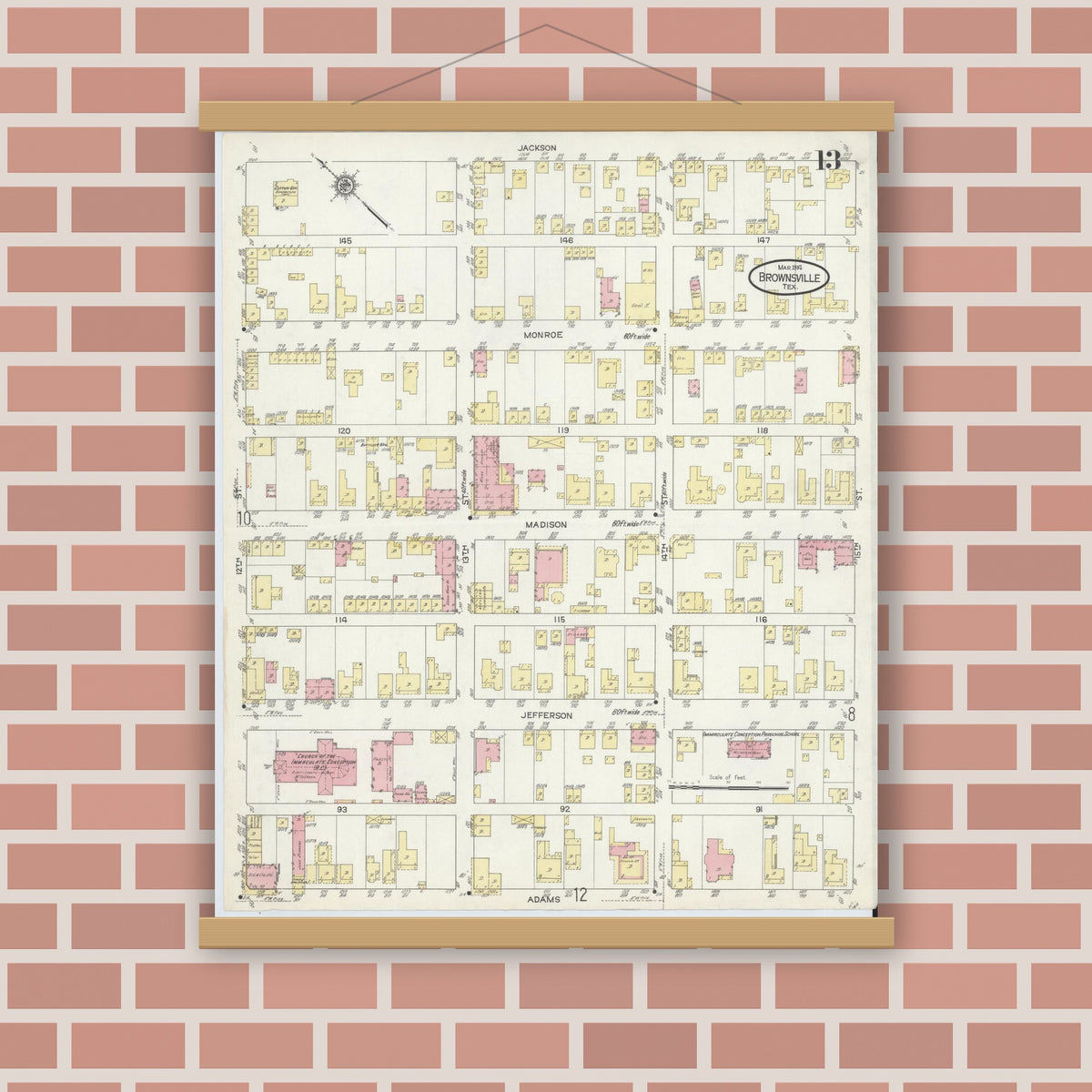 Old map wall art mockup — magnetic wood frame on brick wall — Sanborn Fire Insurance Map from Brownsville, Cameron County, Texas (1914), Sheet #0013