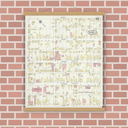 Old map wall art mockup — magnetic wood frame on brick wall — Sanborn Fire Insurance Map from Brownsville, Cameron County, Texas (1914), Sheet #0013