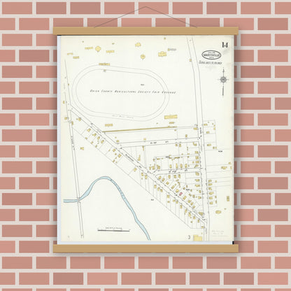 Old map wall art mockup — magnetic wood frame on brick wall — Sanborn Fire Insurance Map from Marysville, Union County, Ohio (1916), Sheet #0014