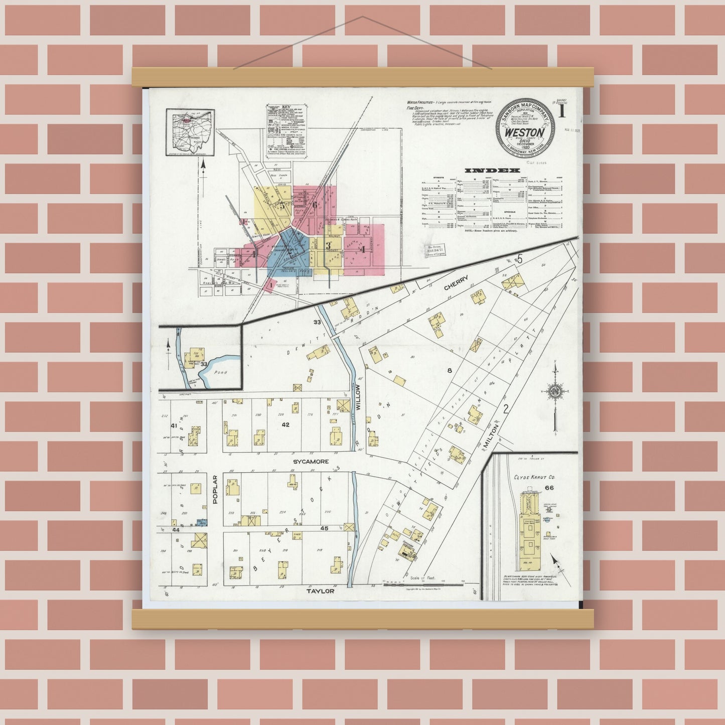 Old map wall art mockup — magnetic wood frame on brick wall — Sanborn Fire Insurance Map from Weston, Wood County, Ohio (1920) - Complete Map Set