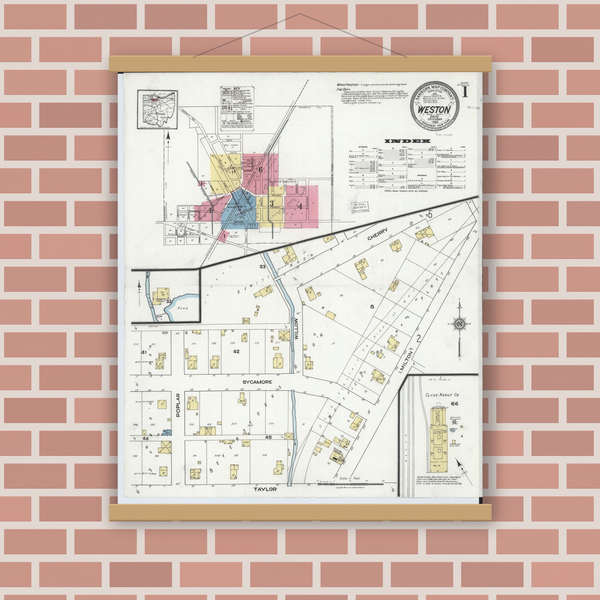 Old map wall art mockup — magnetic wood frame on brick wall — Sanborn Fire Insurance Map from Weston, Wood County, Ohio (1920) - Complete Map Set