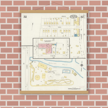 Old map wall art mockup — magnetic wood frame on brick wall — Sanborn Fire Insurance Map from Freeport, Nassau County, New York (1925), Sheet #0032