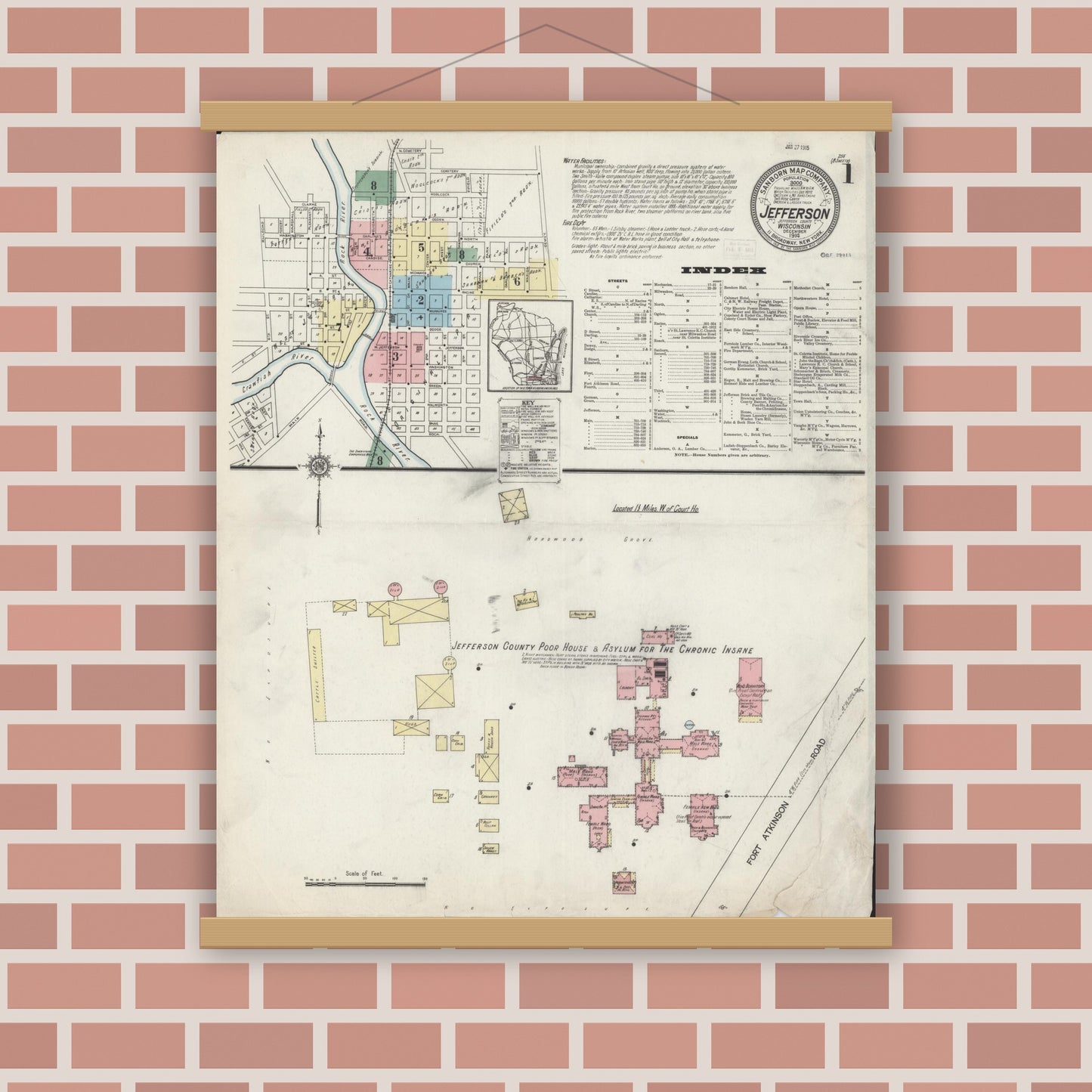 Old map wall art mockup — magnetic wood frame on brick wall — Sanborn Fire Insurance Map from Jefferson, Jefferson County, Wisconsin (1914) - Complete Map Set