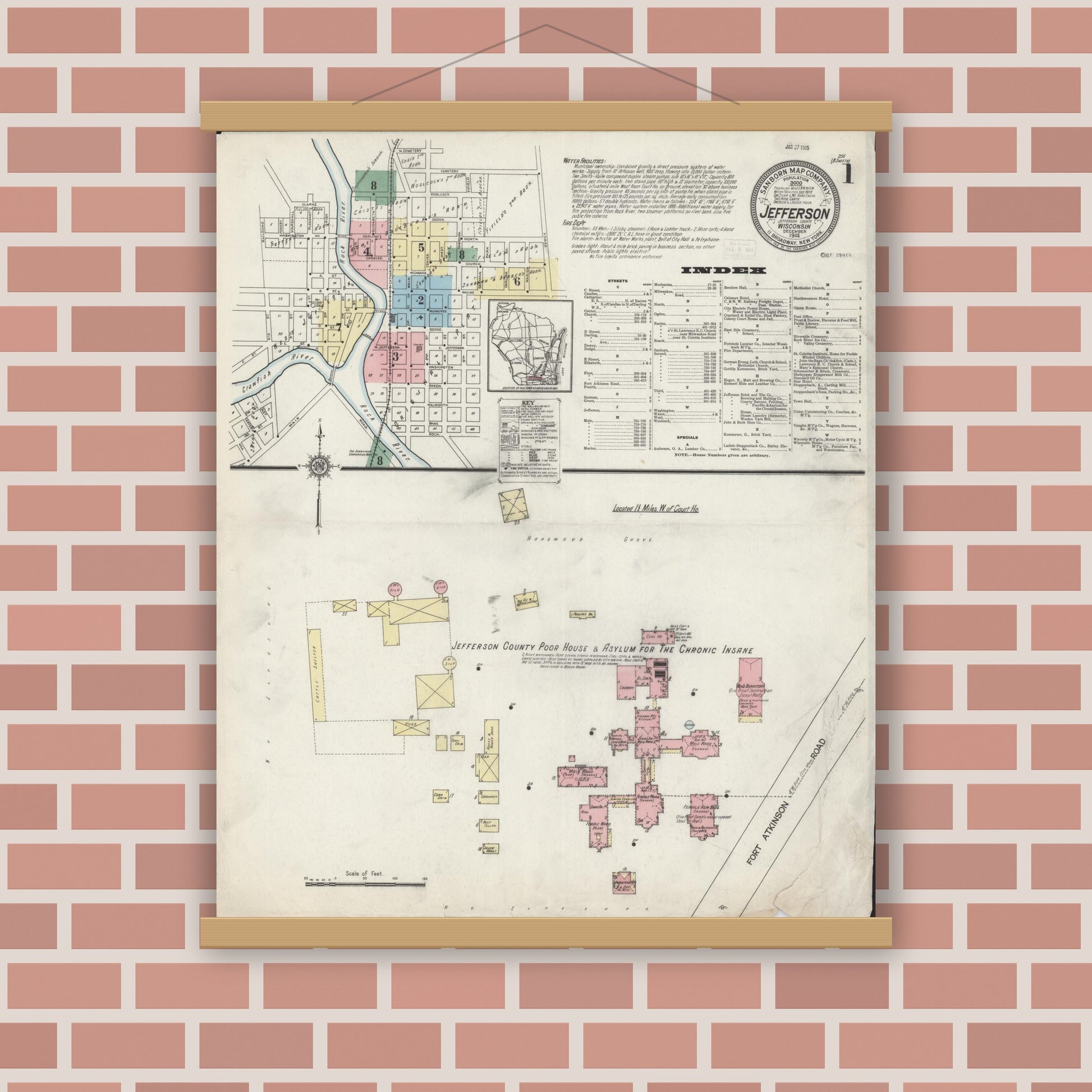 Old map wall art mockup — magnetic wood frame on brick wall — Sanborn Fire Insurance Map from Jefferson, Jefferson County, Wisconsin (1914) - Complete Map Set