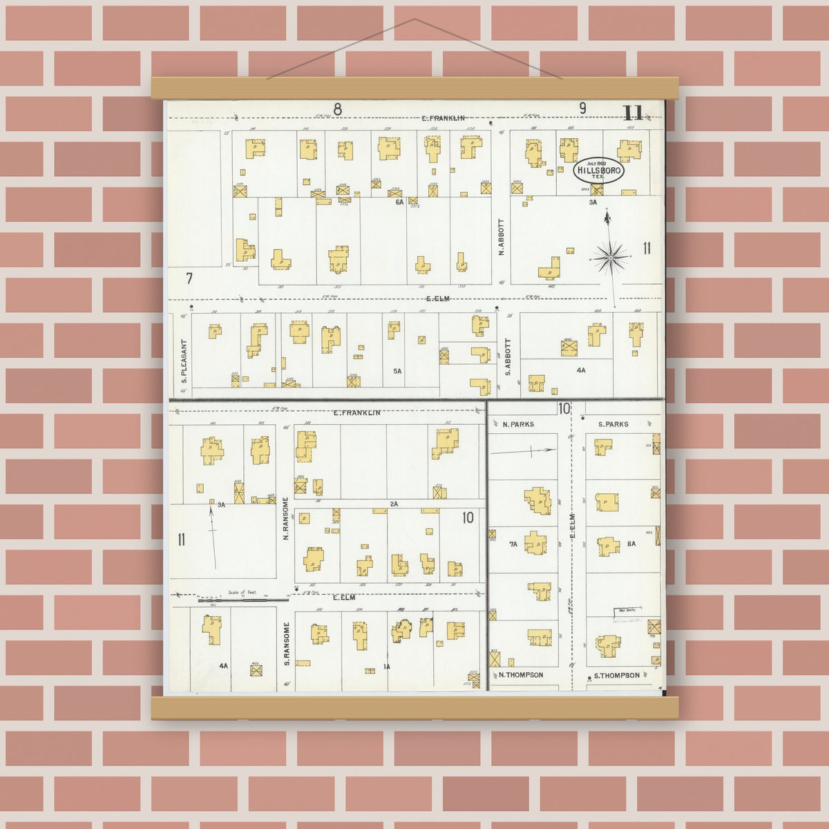 Old map wall art mockup — magnetic wood frame on brick wall — Sanborn Fire Insurance Map from Hillsboro, Hill County, Texas (1900), Sheet #0011