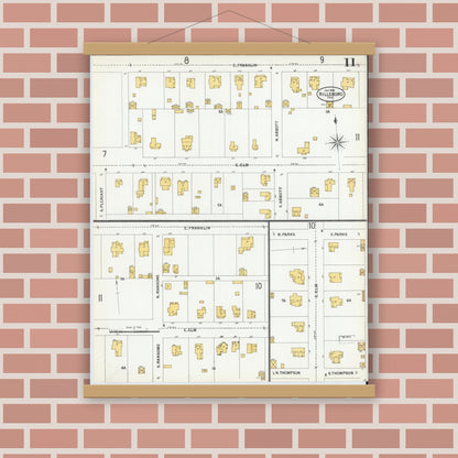 Old map wall art mockup — magnetic wood frame on brick wall — Sanborn Fire Insurance Map from Hillsboro, Hill County, Texas (1900), Sheet #0011