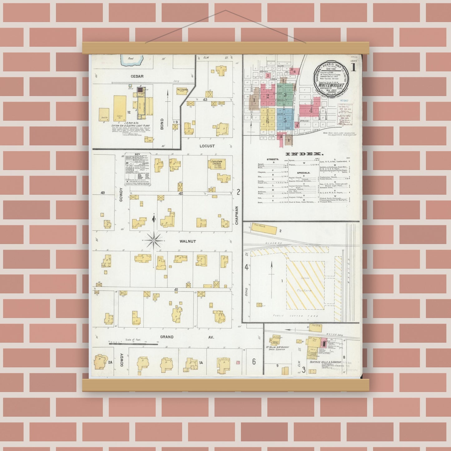 Old map wall art mockup — magnetic wood frame on brick wall — Sanborn Fire Insurance Map from Whitewright, Grayson County, Texas (1900) - Complete Map Set