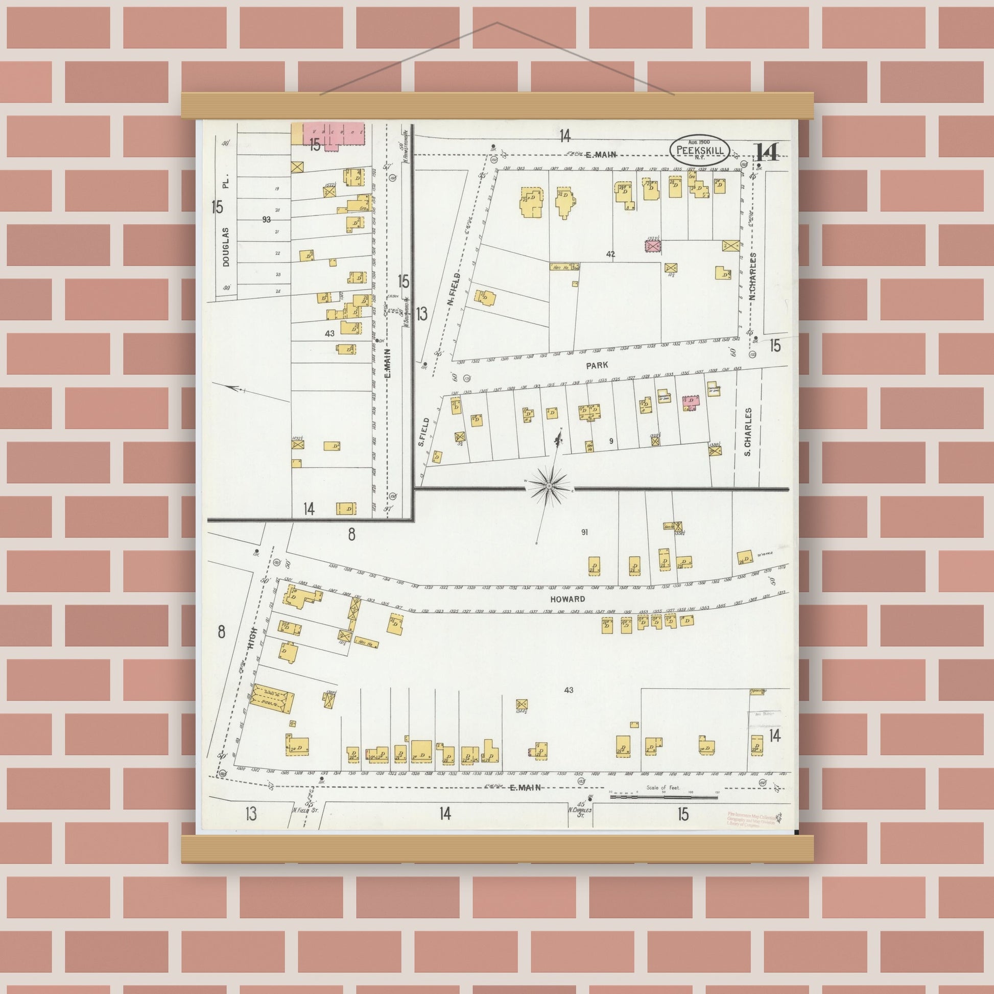 Old map wall art mockup — magnetic wood frame on brick wall — Sanborn Fire Insurance Map from Peekskill, Westchester County, New York (1900), Sheet #0014
