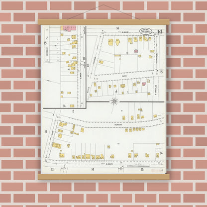 Old map wall art mockup — magnetic wood frame on brick wall — Sanborn Fire Insurance Map from Peekskill, Westchester County, New York (1900), Sheet #0014