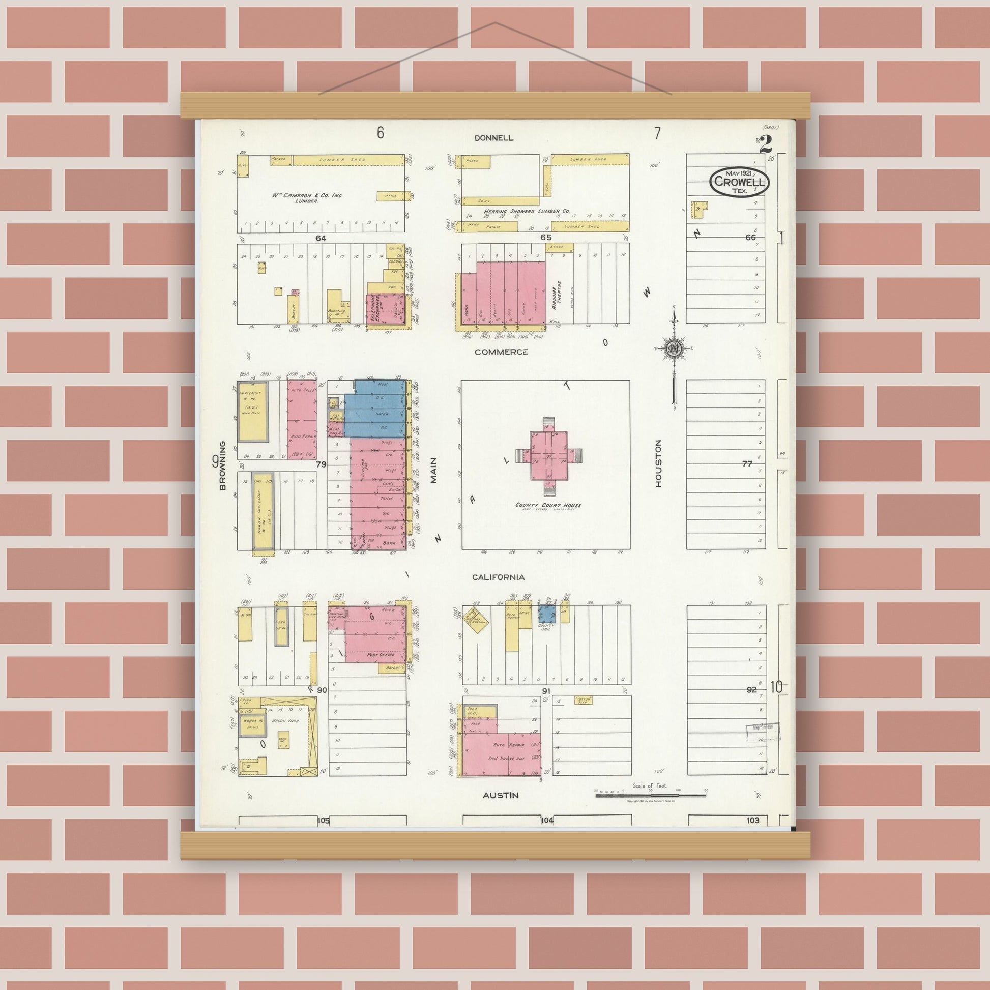 Old map wall art mockup — magnetic wood frame on brick wall — Sanborn Fire Insurance Map from Crowell, Foard County, Texas (1921), Sheet #0002