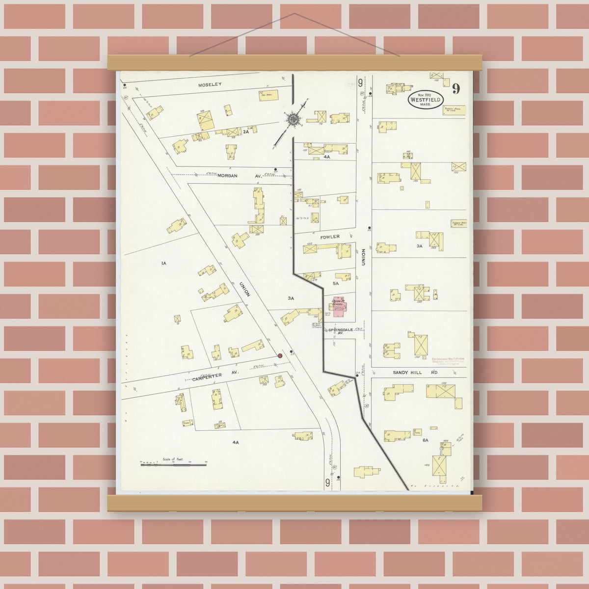 Old map wall art mockup — magnetic wood frame on brick wall — Sanborn Fire Insurance Map from Westfield, Hampden County, Massachusetts (1910), Sheet #0009