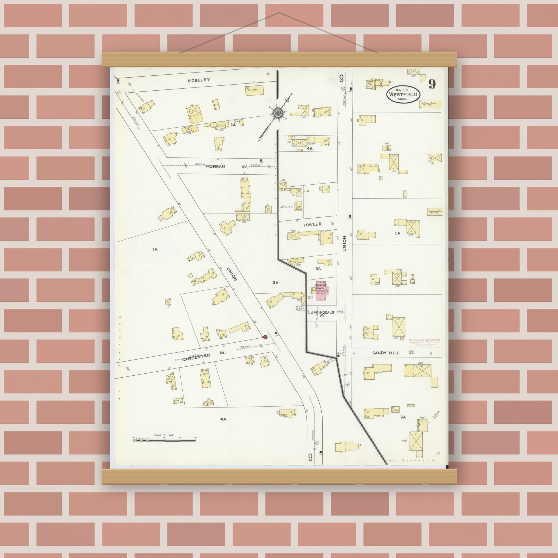 Old map wall art mockup — magnetic wood frame on brick wall — Sanborn Fire Insurance Map from Westfield, Hampden County, Massachusetts (1910), Sheet #0009