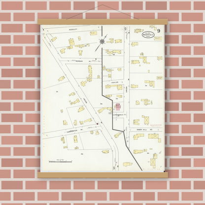 Old map wall art mockup — magnetic wood frame on brick wall — Sanborn Fire Insurance Map from Westfield, Hampden County, Massachusetts (1910), Sheet #0009