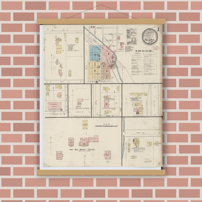 Old map wall art mockup — magnetic wood frame on brick wall — Sanborn Fire Insurance Map from Hillsdale, Hillsdale County, Michigan (1888) - Complete Map Set