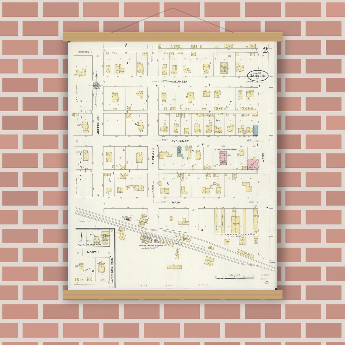 Old map wall art mockup — magnetic wood frame on brick wall — Sanborn Fire Insurance Map from Danvers, McLean County, Illinois (1910), Sheet #0002